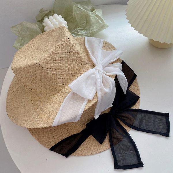 

wide brim hats &dolphin women summer french raffia straw hat hexagon chiffon ribbon cap temperament flat hepburn big eaves sunhat vacation, Blue;gray