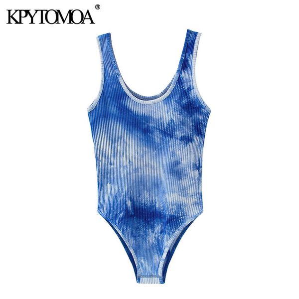 

women fashion tie-dye print stretchy slim bodysuits vintage o neck sleeveless female playsuits chic 210416, Black;white