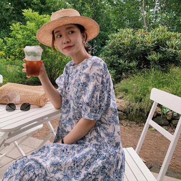 

summer vintage o neck womens dresses puff sleeve loose floral short sweet vestido feminino casual maxi party, Black;gray