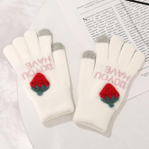 

five fingers gloves fashion lovely strawberry printing women mobile phone touch screen knitted girls winter thick warm outdoors, Blue;gray