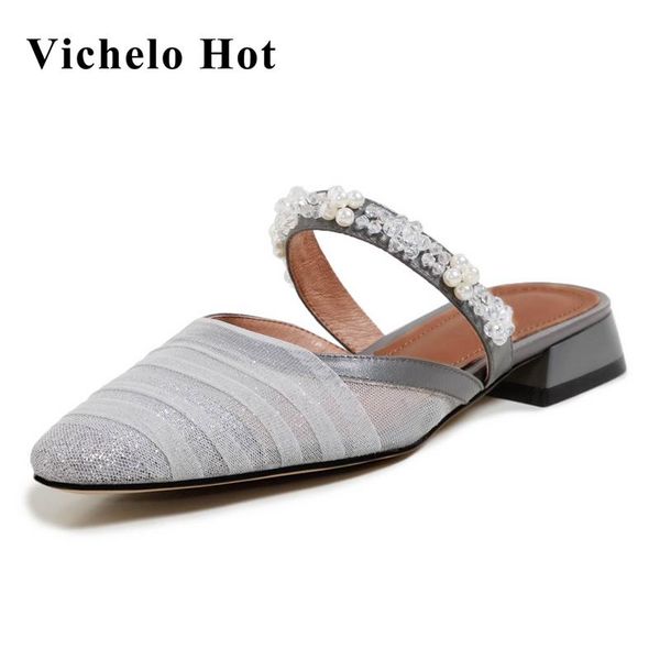 

vichelo summer mesh natural leather flowers pearl square toe low heels mules vintage bling shiny slip on outside slipper l10 slippers, Black