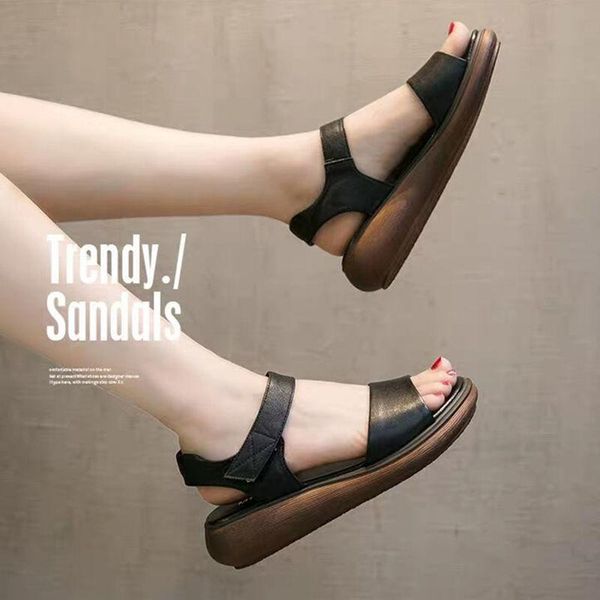 

sandals genuine leather slope heel platform women open toe fashion summer all-match flat, Black