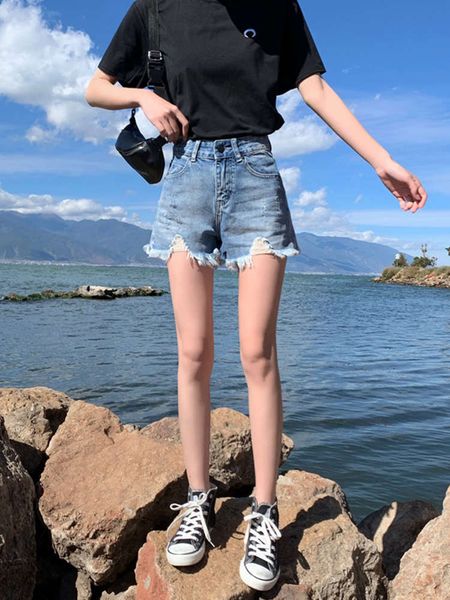 

women's jeans net red ins versatile high waist loose denim shorts wear a-line wide leg show thin summer big pants with rough edge vkb9, Blue