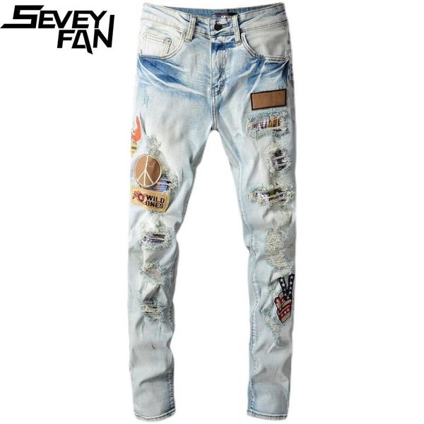 

embroidery badges ripped hole jeans men's distressed stretch slim pencil denim trousers streetwear beggar pants, Blue