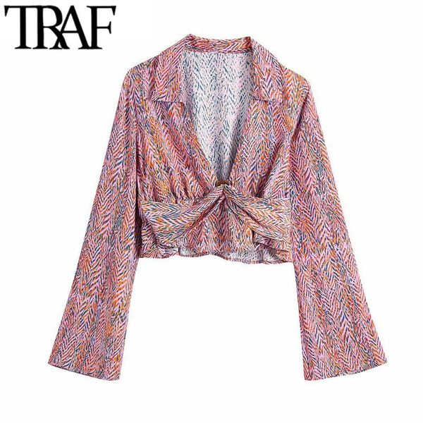 

women's blouses & shirts traf women fashion with buckle printed crop vintage v neck long sleeve female chic, White