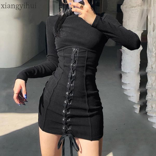 

bandage long sleeve dress women autumn winter package hip bottoming fashion slim black o-neck short dresses vestidos casual, Black;gray