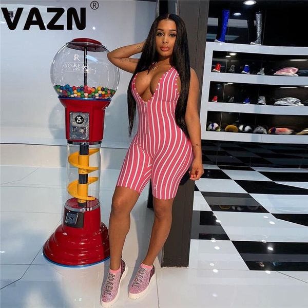 

women's jumpsuits & rompers 2021 striped young club novelty fashion zipper tank sleeve deep v-neck elastic high waist women playsuits, Black;white