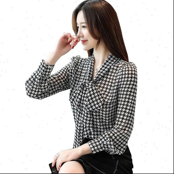 

fashion autumn bow houndstooth womens shirts long sleeve clothing, White