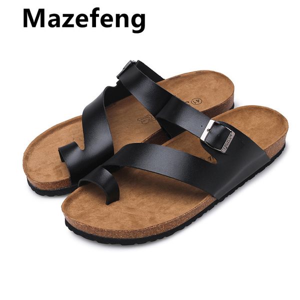 

slippers brand pu leather 2021 summer men beach sandals comfort casual shoes fashion flip flops plus size 35-46 ohnz, Black