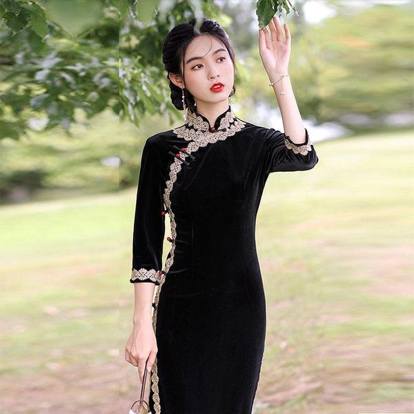 

ethnic clothing black velvet cheongsam autumn/winter 2021 chinese style retro young elegant improved dress, Red