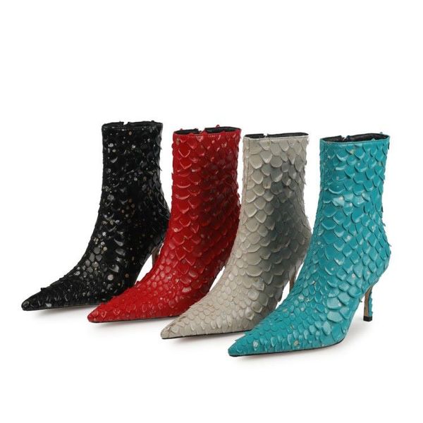 

2021 style sheepskin leather pillage toe ankle boots booties casual party dress shoes 8cm stiletto heels fish glitter zipper zip 4 colours s, Black