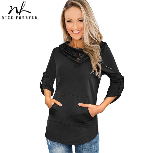 

nice-forever winter women solid black color with pocket t-shirts casual tees t046 210419, White