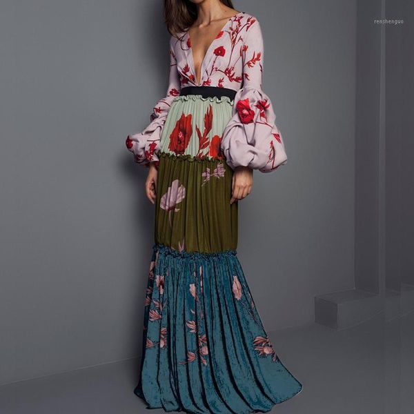 

casual dresses deep v elegant vintage puff sleeve printing maxi dress england style long women evening party floor length, Black;gray