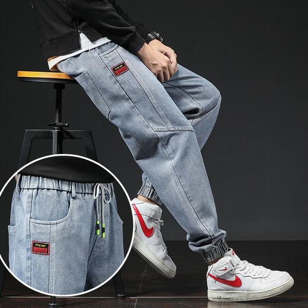 

wholesale 2021 drawstring denim jeans men's loose fashion korean autumn elastic waist casual straight daddy pants harem men's, Blue