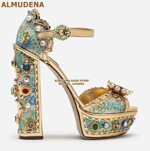 

embroidery beaded chunky heel platform sandals retro style blue gold floral bling gem crystal wedding shoes pumps, Black