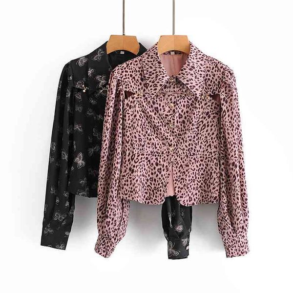 

women hollow up blouse shirts fashion leopard printed long sleeve single button spring summer chiffon blouses for female 210524, White