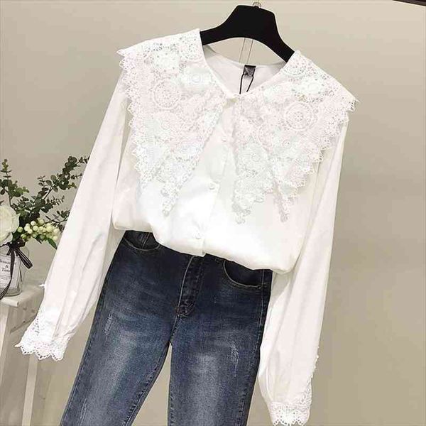 

long sleeve spring lace women blouses stitching cotton blusas ropa de mujer, White