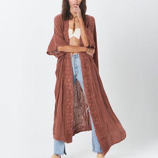 

women's swimwear boho bikini cover up women robe long blouse 2021 summer vintage caftan dress beach orange rayon splice lace loose kimo, White;black