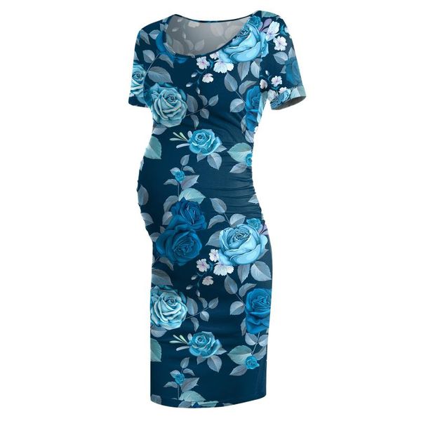 

women's maternity dresses clothes summer o-neck short sleeve floral print knee-length dress for pregnant women, White