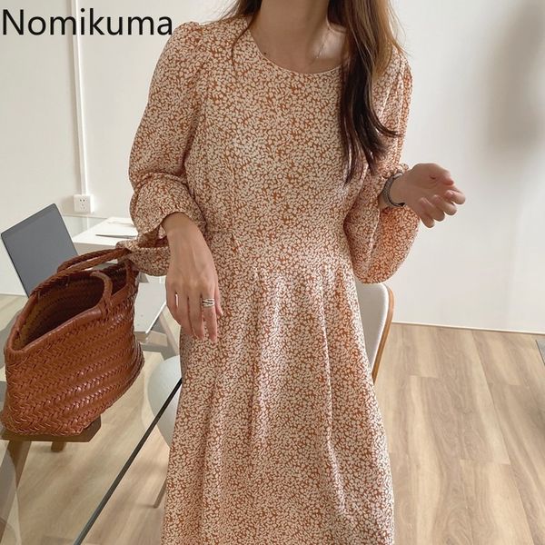

nomikuma robe femme floral printed elegant dress women o neck puff sleeve dresses slim waist korean fashion autumn 3c502 210514, Black;gray