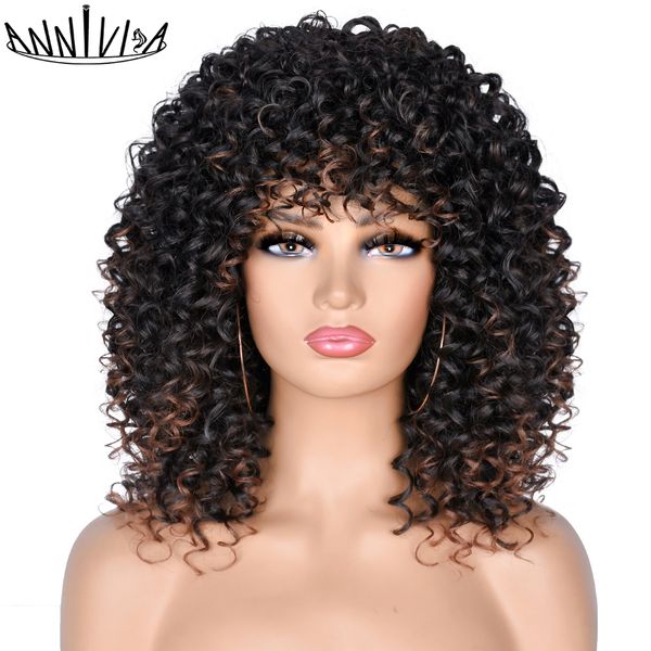 

14inch short afro kinky curly wig with bangs for black and white women synthetic glueless natural high temperature hair annivia