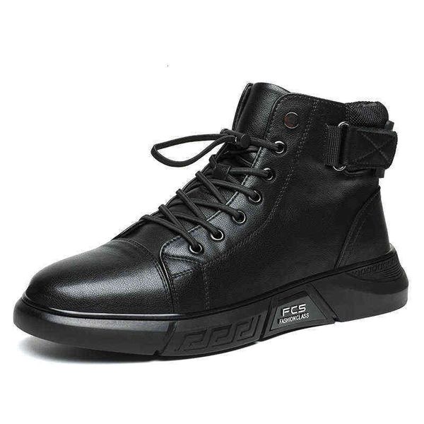 

men's sho fall style versatile pure black high overshoot casual waterproof leather trend board psh in winter
