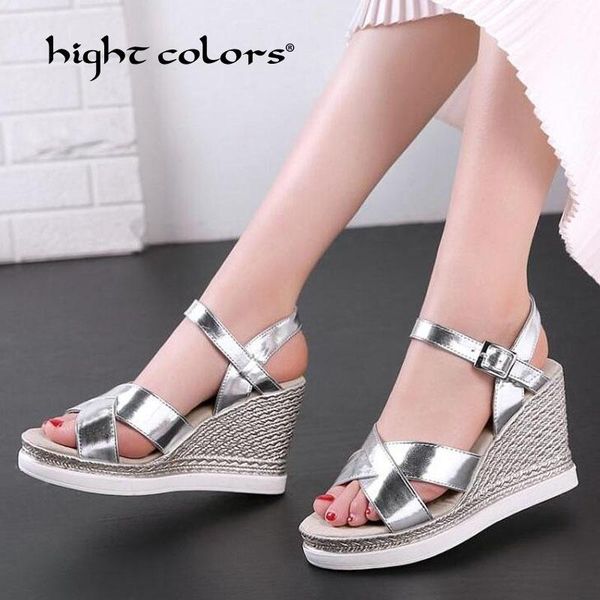 

dress shoes 33~43 size summer platform sandals women peep toe high wedges heel ankle buckles sandalia female gold silver, Black
