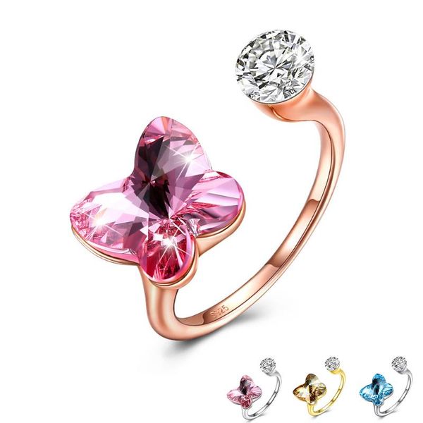 

cluster rings zemior sterling silver 925 adjustable opening romantic butterfly shape austria crystal women anniversary jewelry, Golden;silver