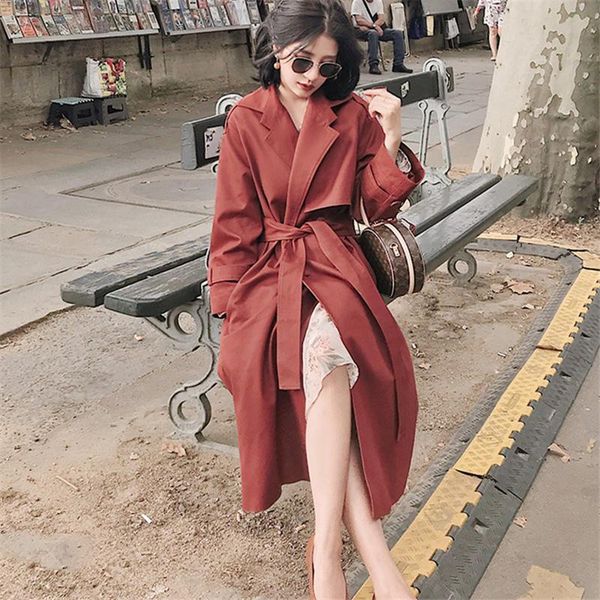

women's trench coats temperament windbreaker female long section 2021 spring and autumn fashion slim long-sleeved waist h00211, Tan;black