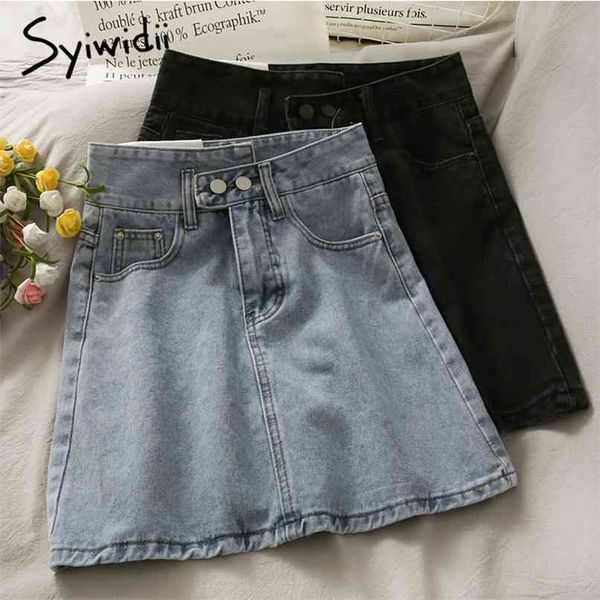 

pockets denim skirt women high waist button casual a-line solid black spring summer korean fashion mini skirts 210607