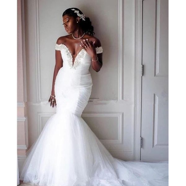 Moda glamourosa africana cascata ruffles sereia vestidos de casamento fora do ombro frisado tule lace up vestidos nupciais