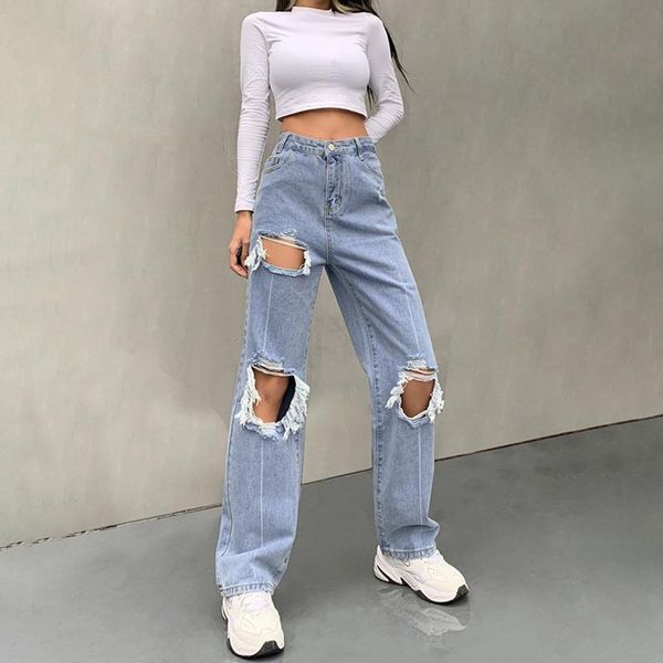 

women's jeans fashion autumn y2k high streetwear waist pants baggy denim trousers mom boyfriend ripped wide leg distressed, Blue