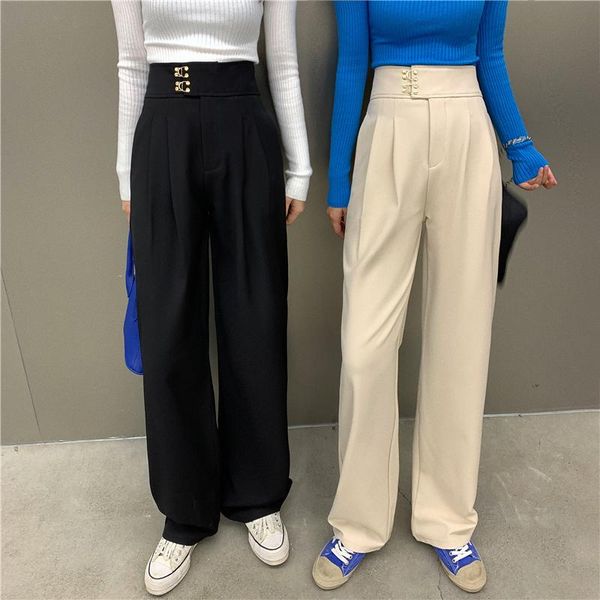 

women's pants & capris women solid color wild straigh wide leg female thin loose trousers spring korean fashion high waist casual long, Black;white