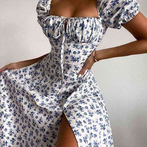 

Summer Sexy Floral Print Dress Women Party Long Dresses Puff Short Sleeve Elegant Club Dress Sweet Laides Chic Maxi Dresses, Black;gray