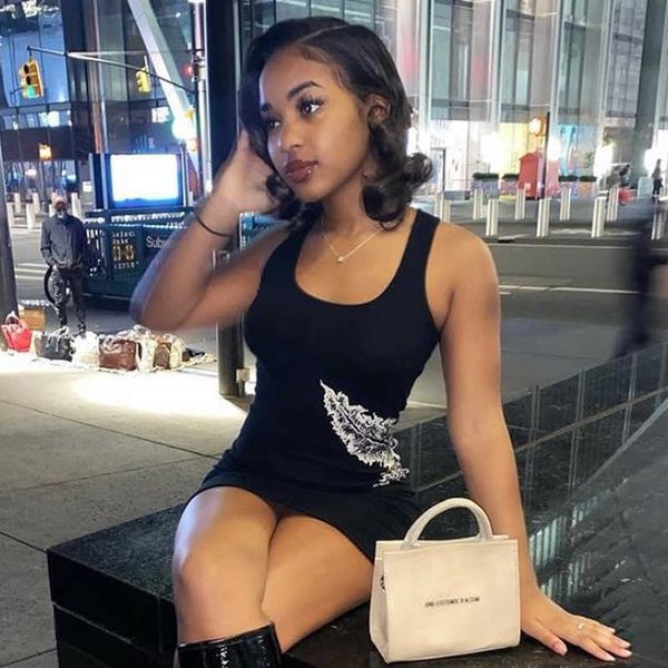 

women digital print skinny package hip skirt casual femmal square neck stretch mini dress party club streetwear summer 210604, Black;gray