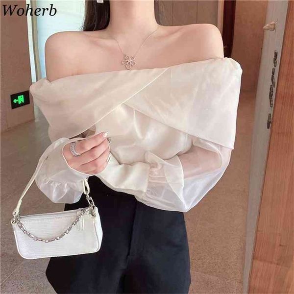 

slash neck long sleeve shirt women elegant off shoulder korean chic blouse see through all-match blusas mujer 210519, White
