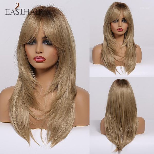 

brown to blonde ombre women wig with bangs medium length synthetic wigs layered natural hair cosplay heat resistant1, Black