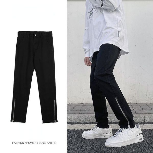 

men's jeans 2021 spring and summer high street black personalized pants leg zipper slim fit youth mens, Blue