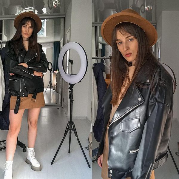 

women's leather & faux loose belt casual jacket bf style black