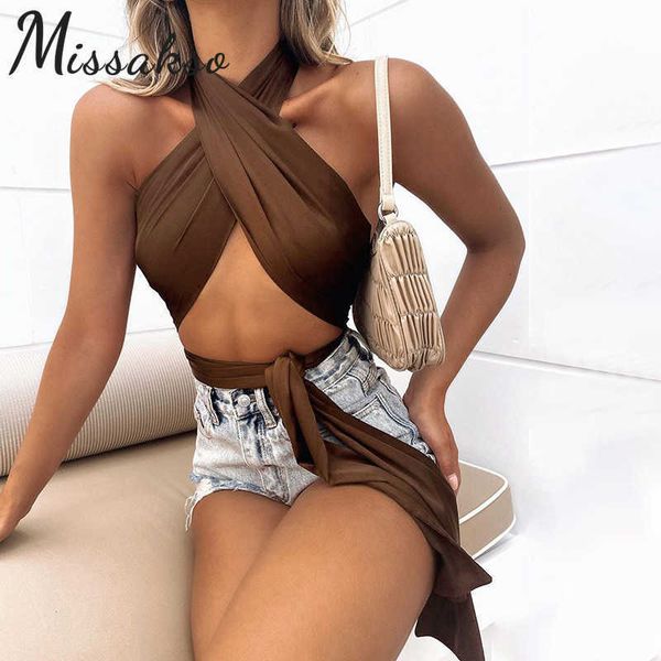 Missakso Sexy Hollow Out Band Crop Crop Top Club Verão Preto Casual Mulheres Skinny Backless Halter Sem mangas Tanques 210625