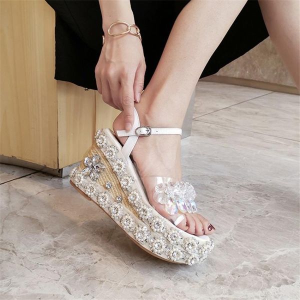 

handmade bohemia women crystal sandals platform wedge high heels rhinestone leather+transparent dress wedding shoes lady, Black