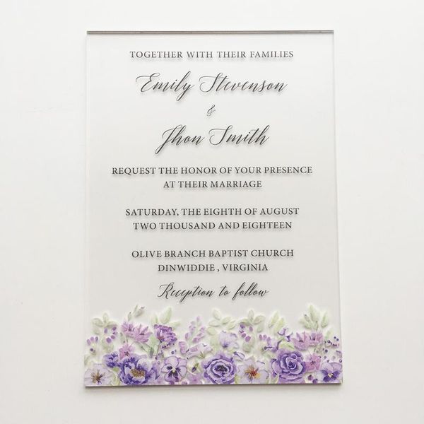 

greeting cards 20 sets per lot purple floral watercolor 5x7inch frosted acrylic wedding invitation