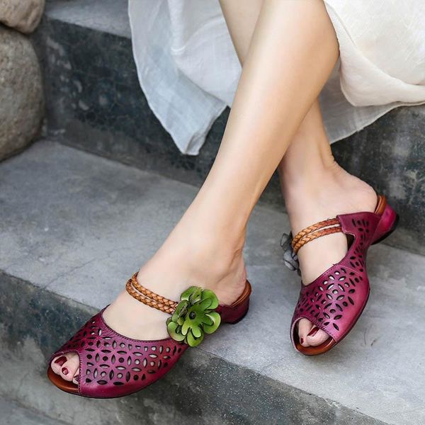 

slippers 2021 peep toe women sandals national style genuine leather ladies handmade slides casual summer, Black