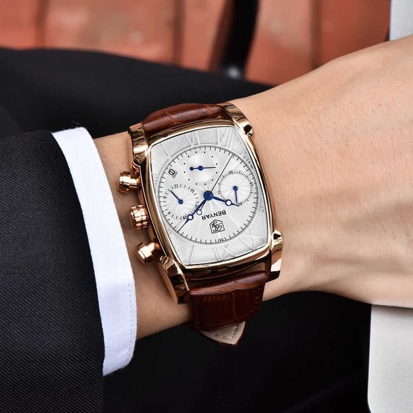 

benyar sports military men watches luxury brand man chronograph quartz-watch leather army male clock relogio masculino 210728, Slivery;brown