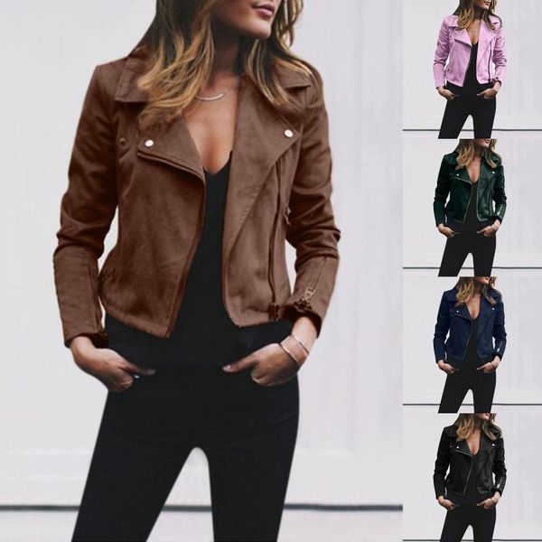 

women's jackets spring autumn women faux suede jacket ladies solid zipper biker coat slim short motorcycle female casual outwear, Black;brown