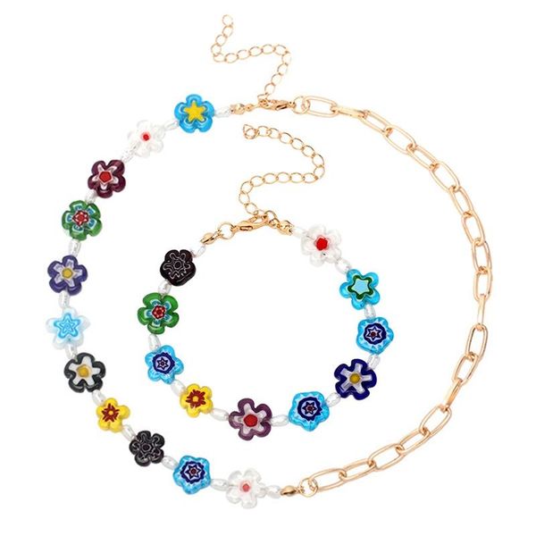 

charm bracelets color flower necklace and bracelet combination set ethnic style accessories for women boho jeweley, Golden;silver