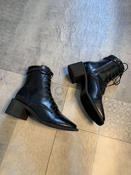 

thick-soled boots women's short 2021 korean fashion casual thick heel lace-up motorcycle, Black
