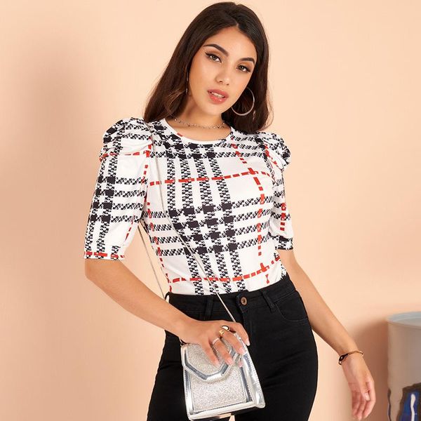 

women's blouses & shirts summer fashion plaid round neck short-sleeved stretch age-reducing literature and art commuting retro all-matc, White
