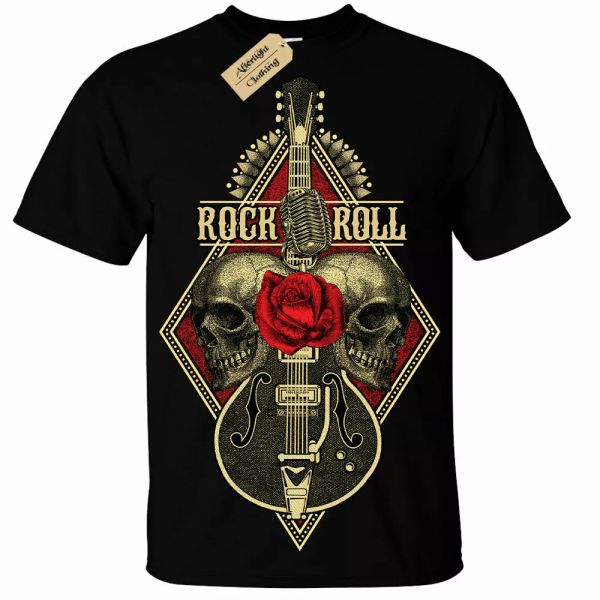 

rock n roll guitar t-shirt man skull heavy death metal band music, White;black