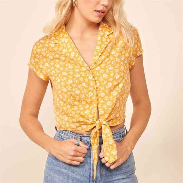 

summer women's shirt casual flower print bow decorative 210430, White
